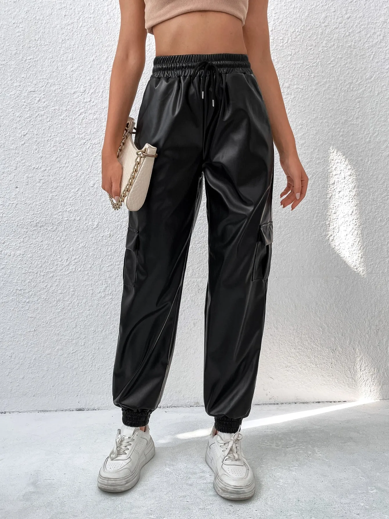 SHEIN Drawstring Waist Flap Pocket Side PU Pants