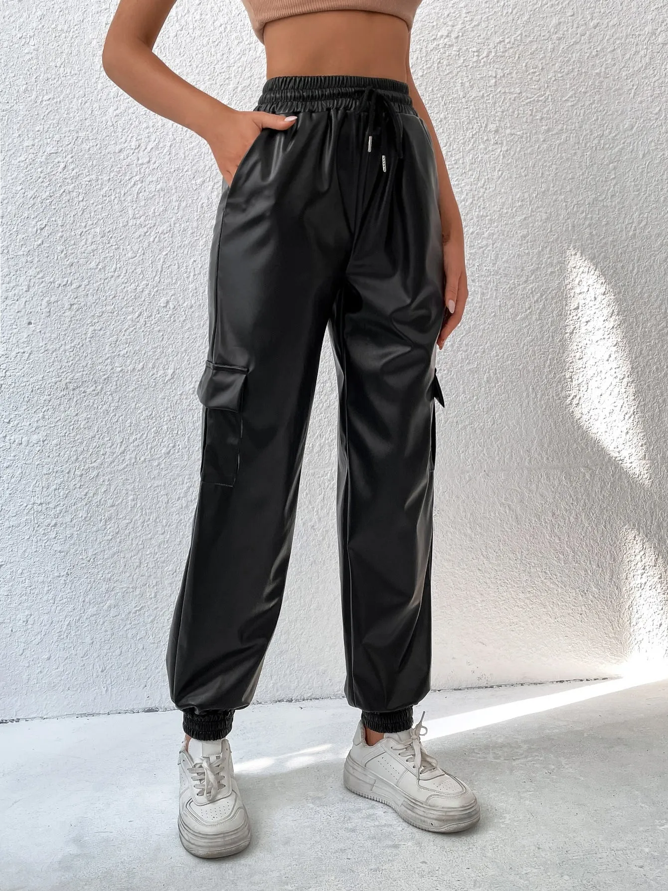 SHEIN Drawstring Waist Flap Pocket Side PU Pants