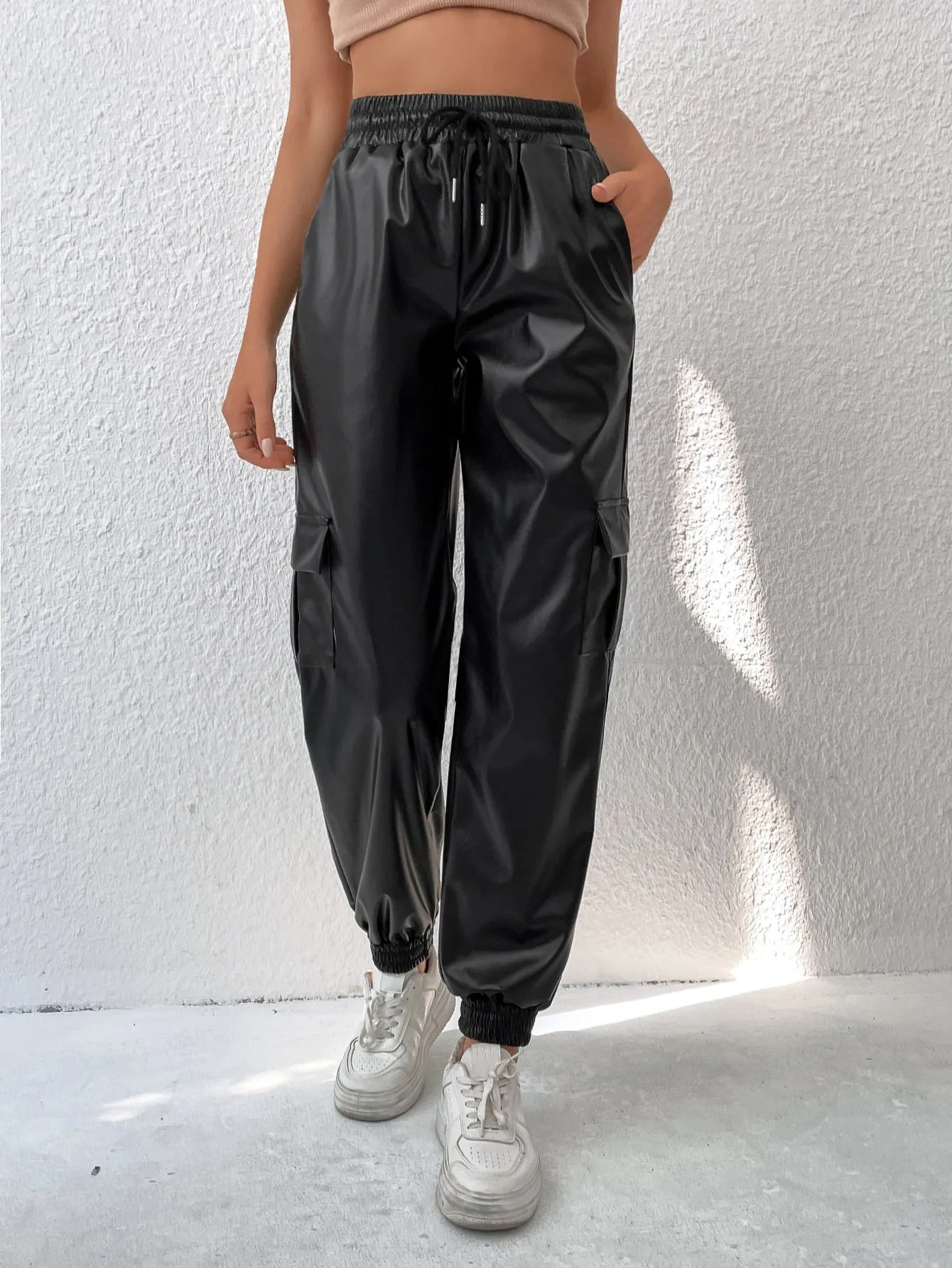 SHEIN Drawstring Waist Flap Pocket Side PU Pants