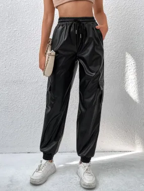 SHEIN Drawstring Waist Flap Pocket Side PU Pants