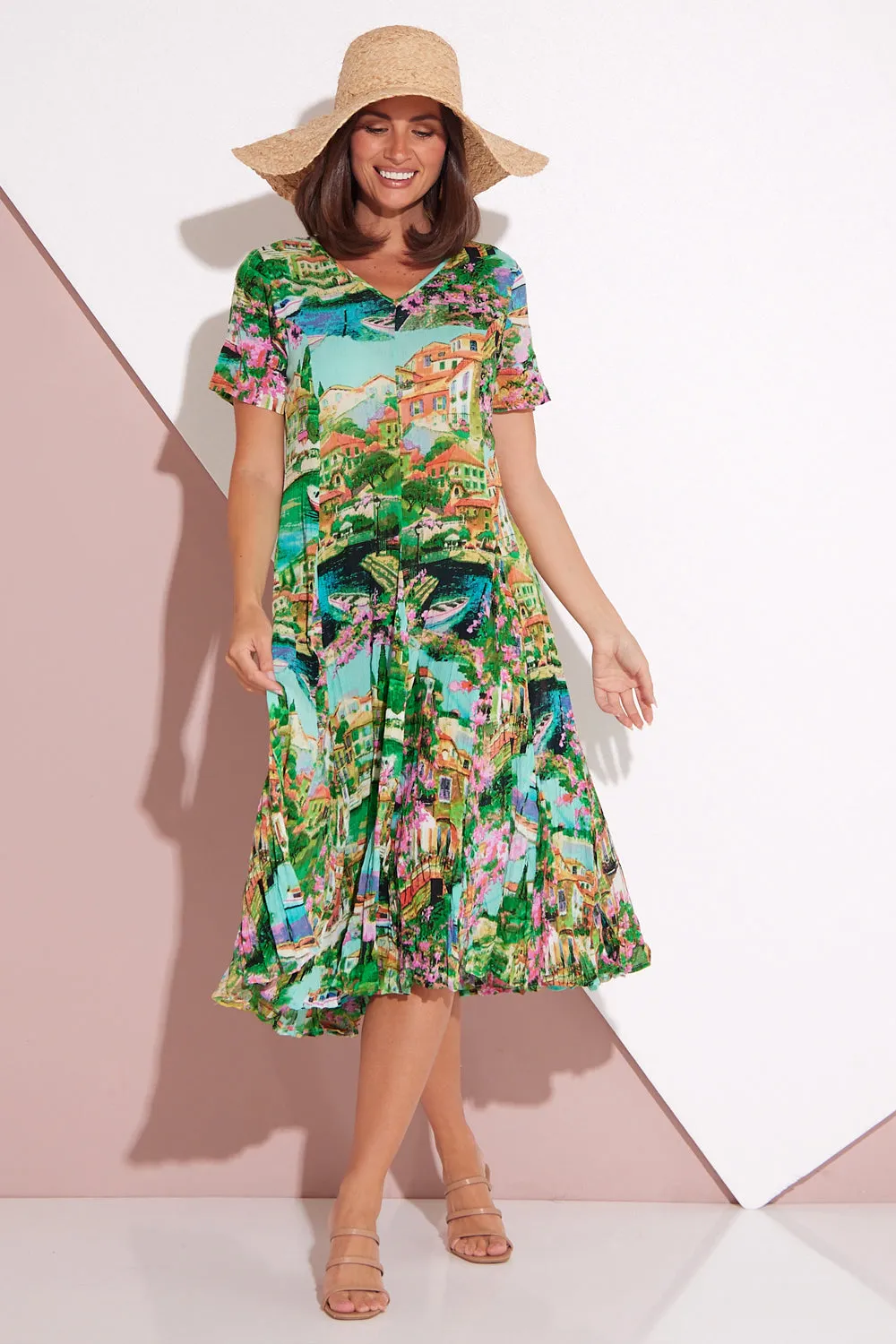 Short Sleeve Godet Dress - Bellagio Print