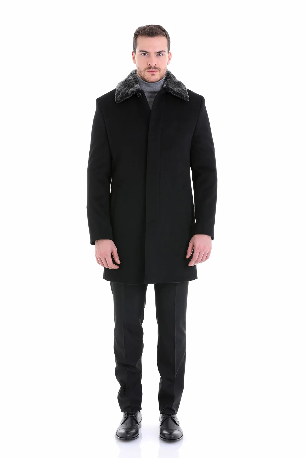 Slim Fit Cachet Flat Collar Black Wool Blend Overcoat