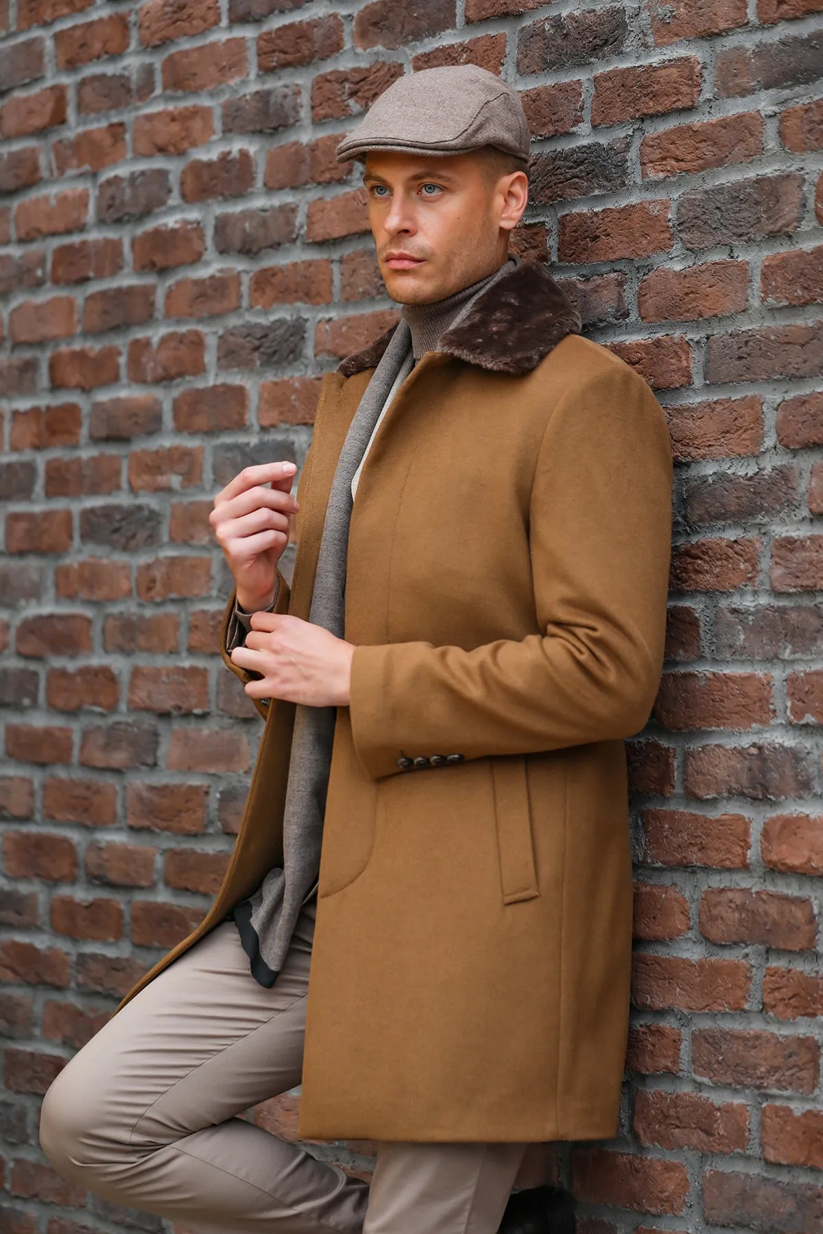 Slim Fit Cachet Flat Collar Camel Wool Blend Overcoat