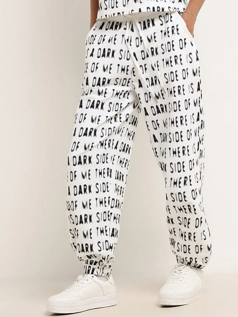 Studiofit White Printed Cotton Joggers