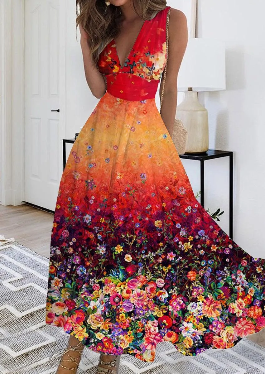 Summer New V-neck Fashion Digital Printing Maxi Dress