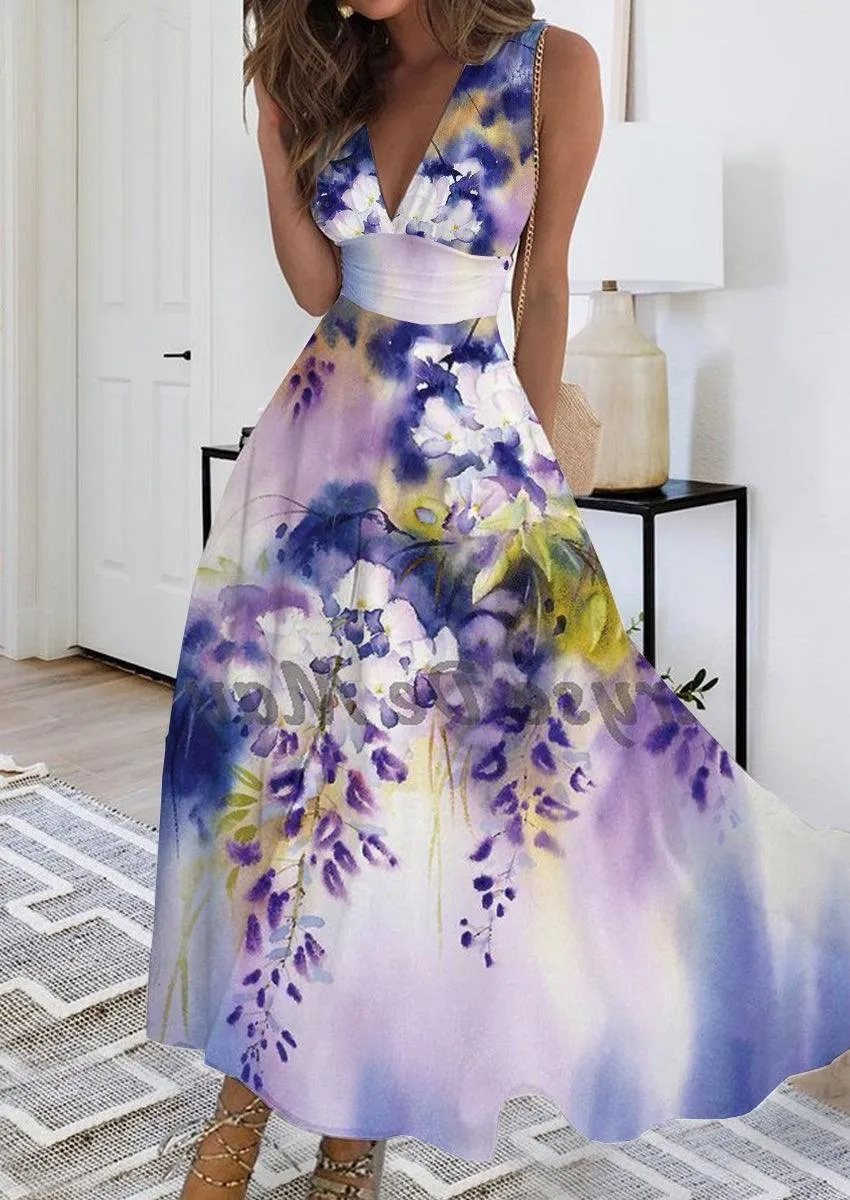 Summer New V-neck Fashion Digital Printing Maxi Dress