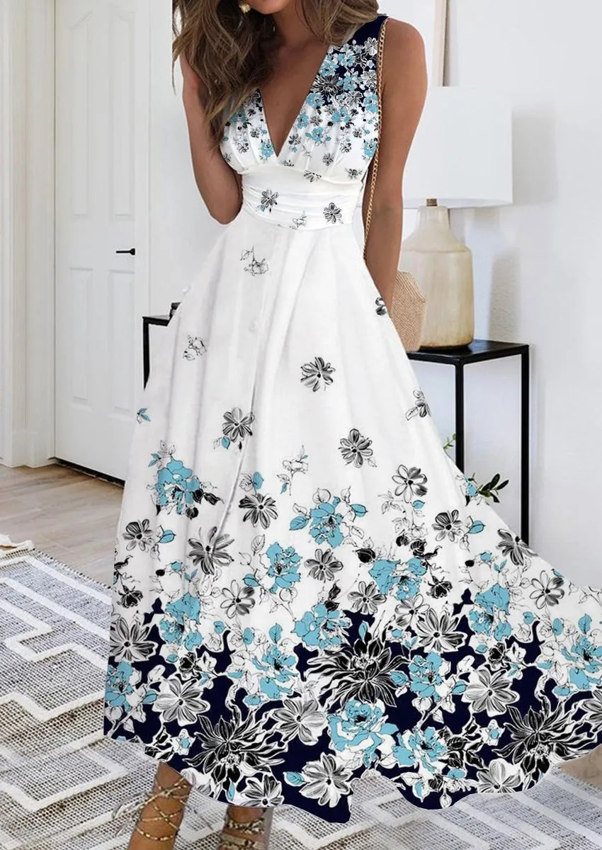 Summer New V-neck Fashion Digital Printing Maxi Dress