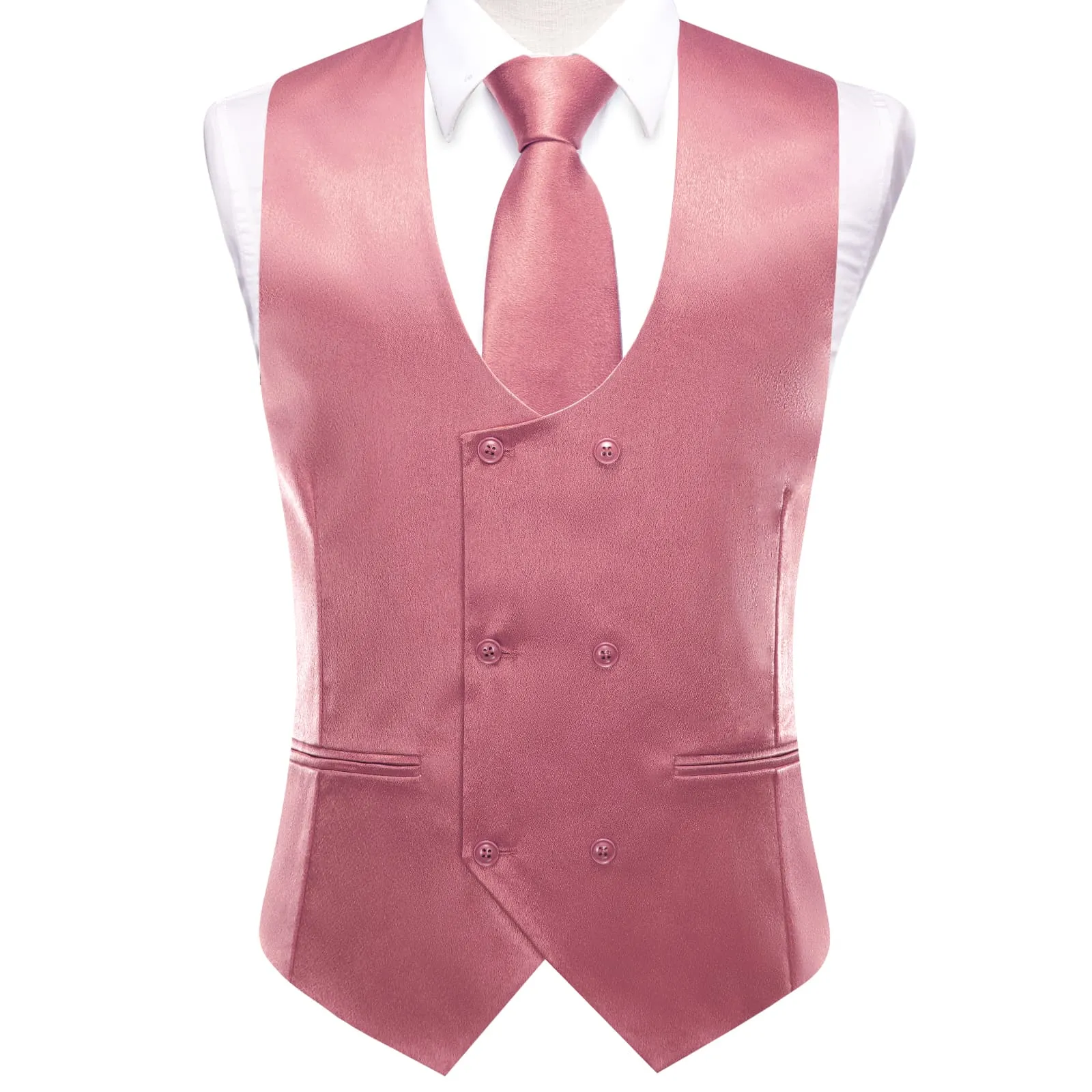 Ties2you Double Breasted Vest Salmon Pink Solid Mens Dress Vest Tie Bowtie Set 5PC