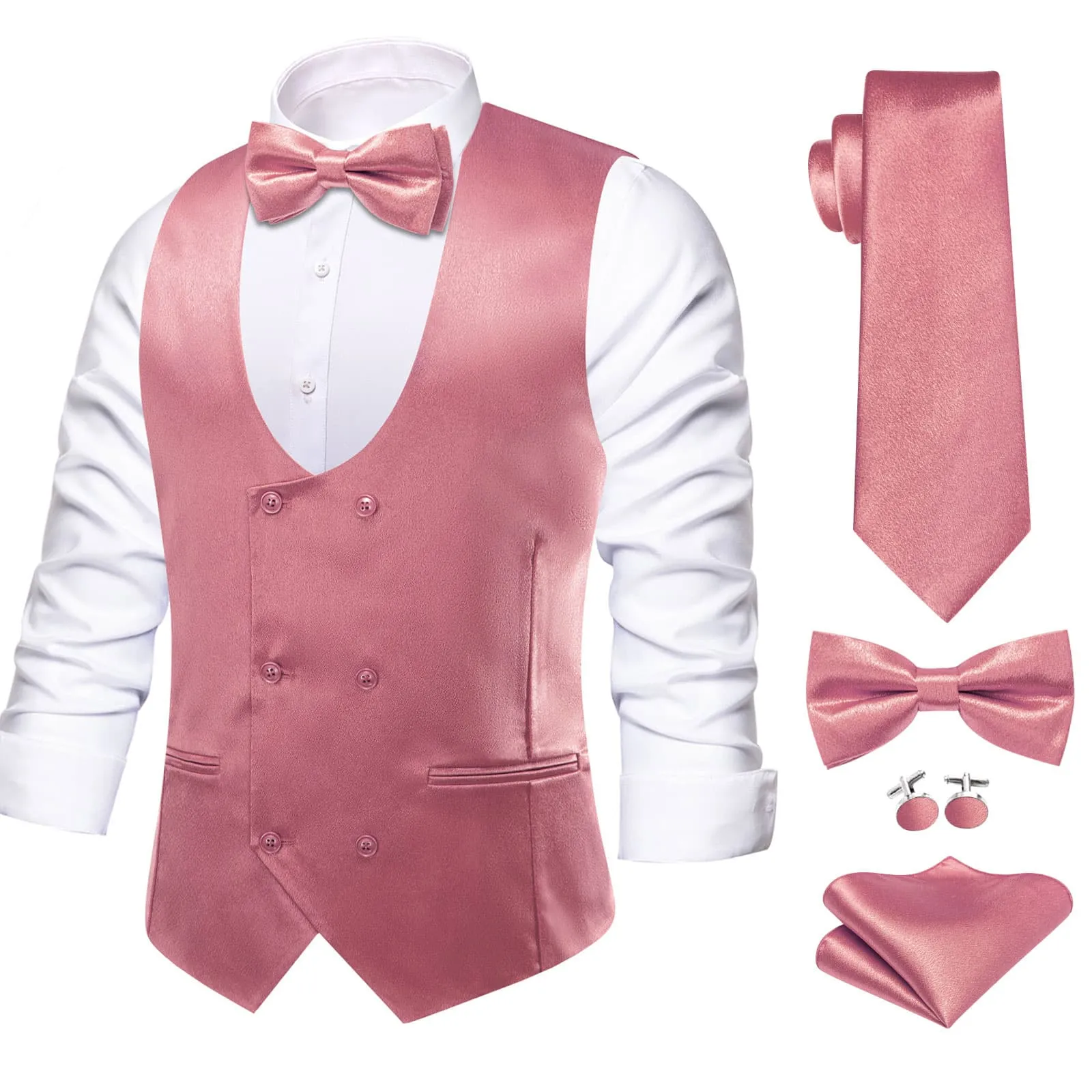 Ties2you Double Breasted Vest Salmon Pink Solid Mens Dress Vest Tie Bowtie Set 5PC