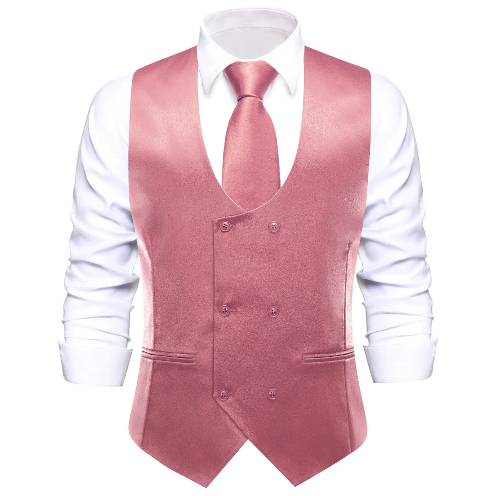 Ties2you Double Breasted Vest Salmon Pink Solid Mens Dress Vest Tie Bowtie Set 5PC