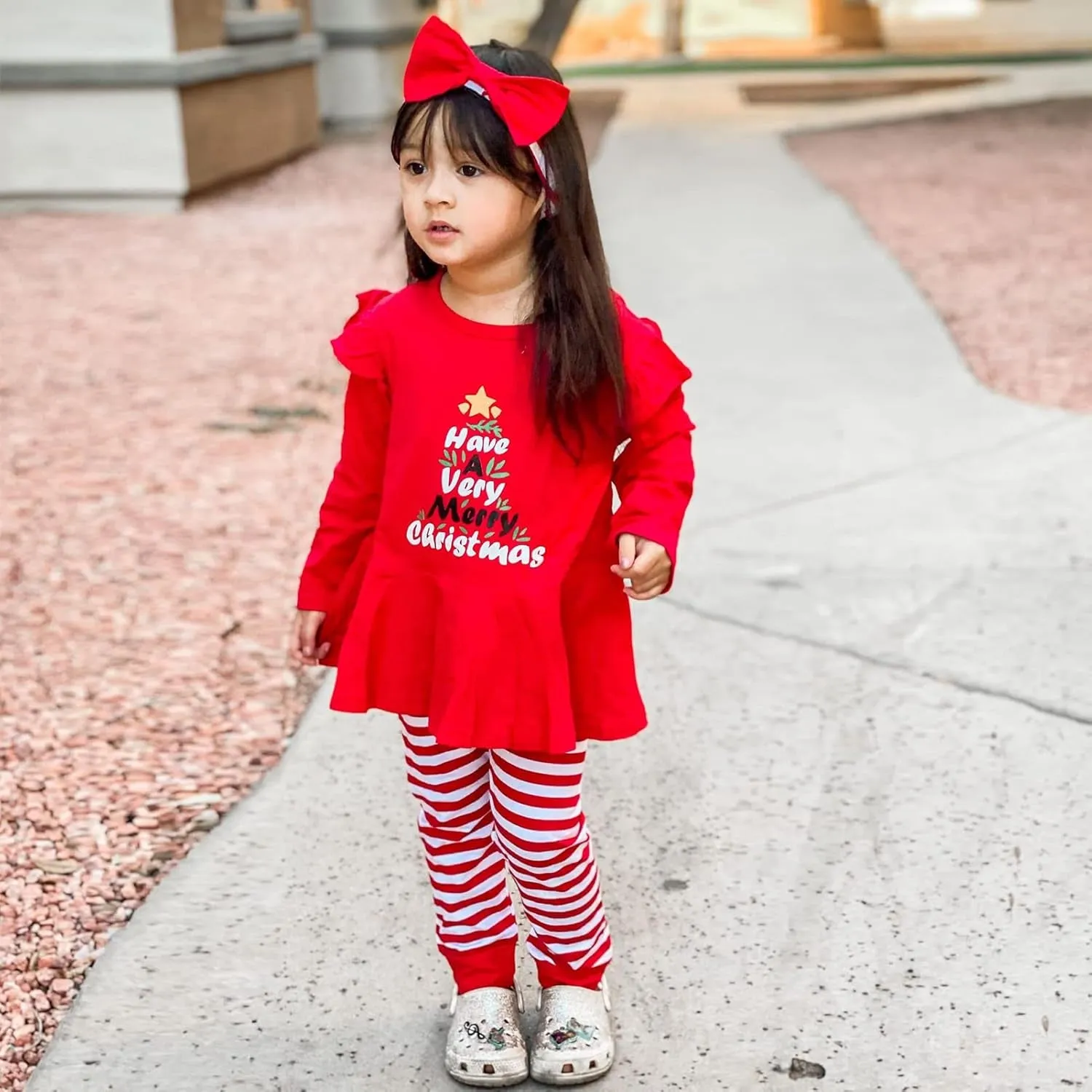 Toddler Baby Girls Christmas Outfit Santa Claus Print Tunic Dress Top Pants Headband 3PC Xmas Clothes Set