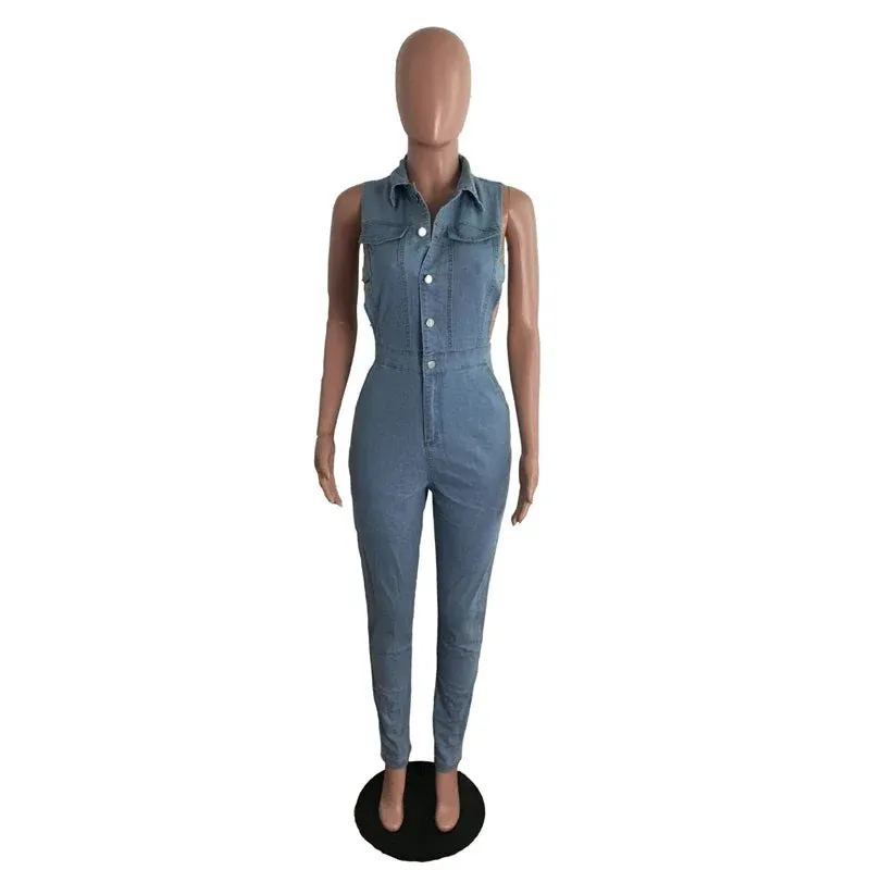 Trendy Sleeveless Light Blue Denim Jumpsuit