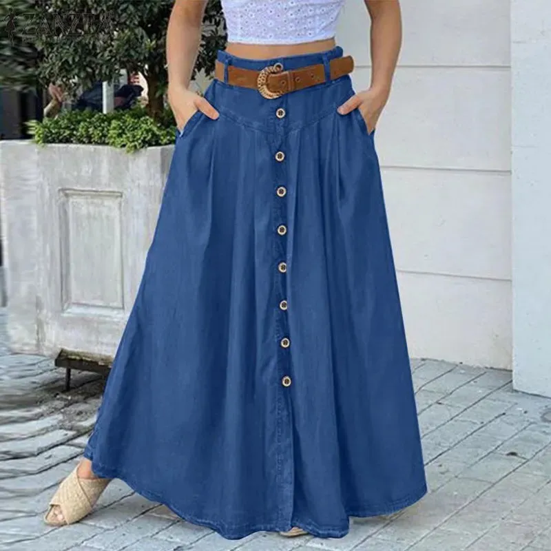 Uniwim Women Button Patchwork Long Skirts 2024 Stylish A Line High Waist Long Vestidos Vintage Female Solid Maxi Sundress Femme