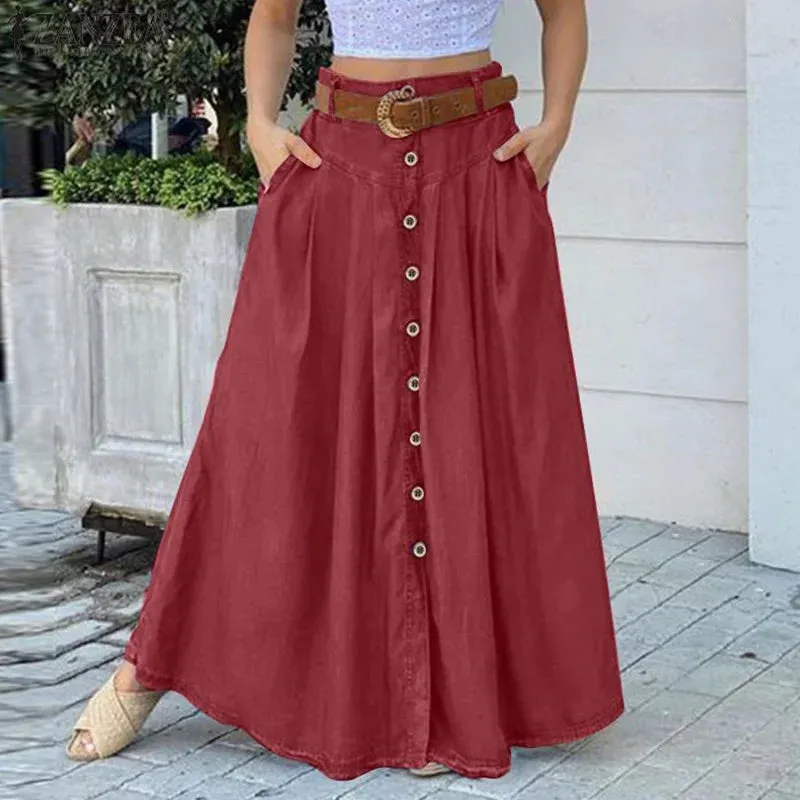 Uniwim Women Button Patchwork Long Skirts 2024 Stylish A Line High Waist Long Vestidos Vintage Female Solid Maxi Sundress Femme