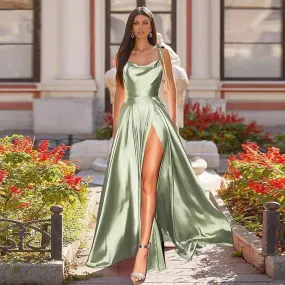 Uniwim Women Spaghetti Strap Satin Prom Dress Long Elegant Mint Green Backless Summer A-line Maxi Evening Party Gown Vestidos Gala