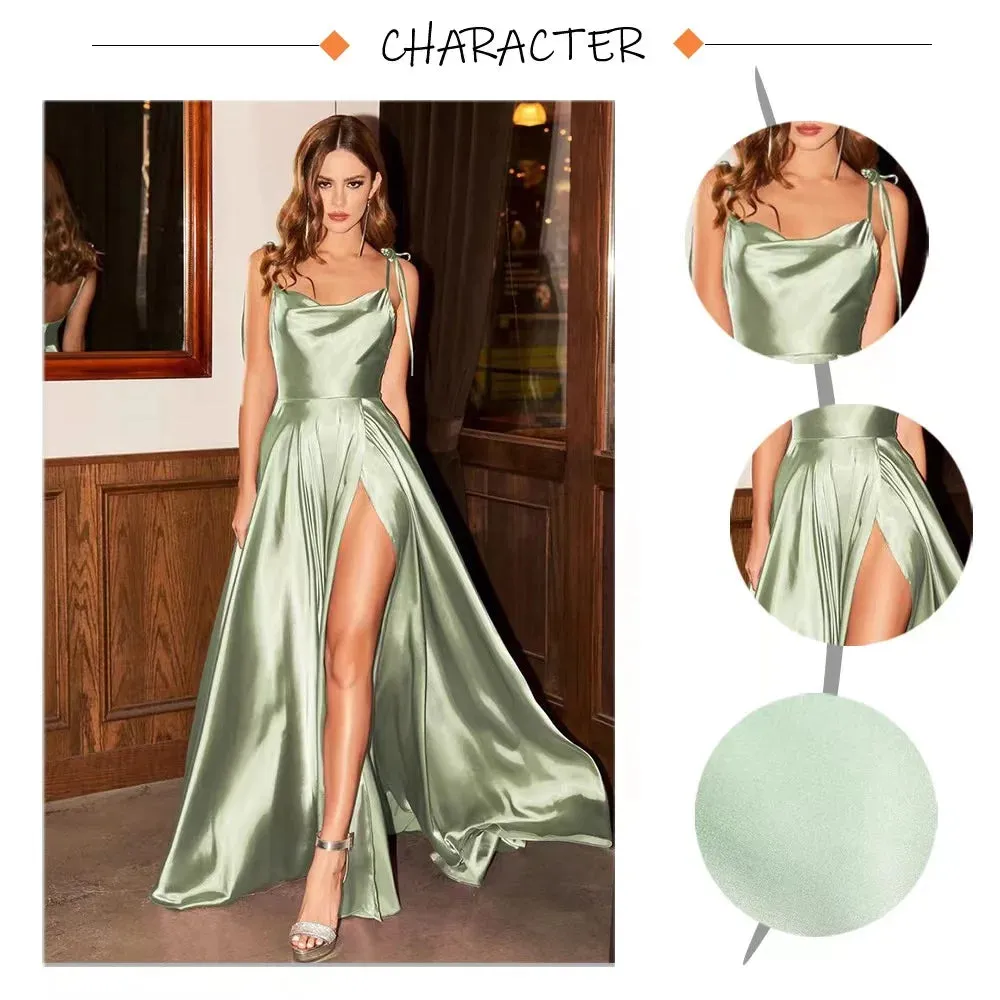 Uniwim Women Spaghetti Strap Satin Prom Dress Long Elegant Mint Green Backless Summer A-line Maxi Evening Party Gown Vestidos Gala