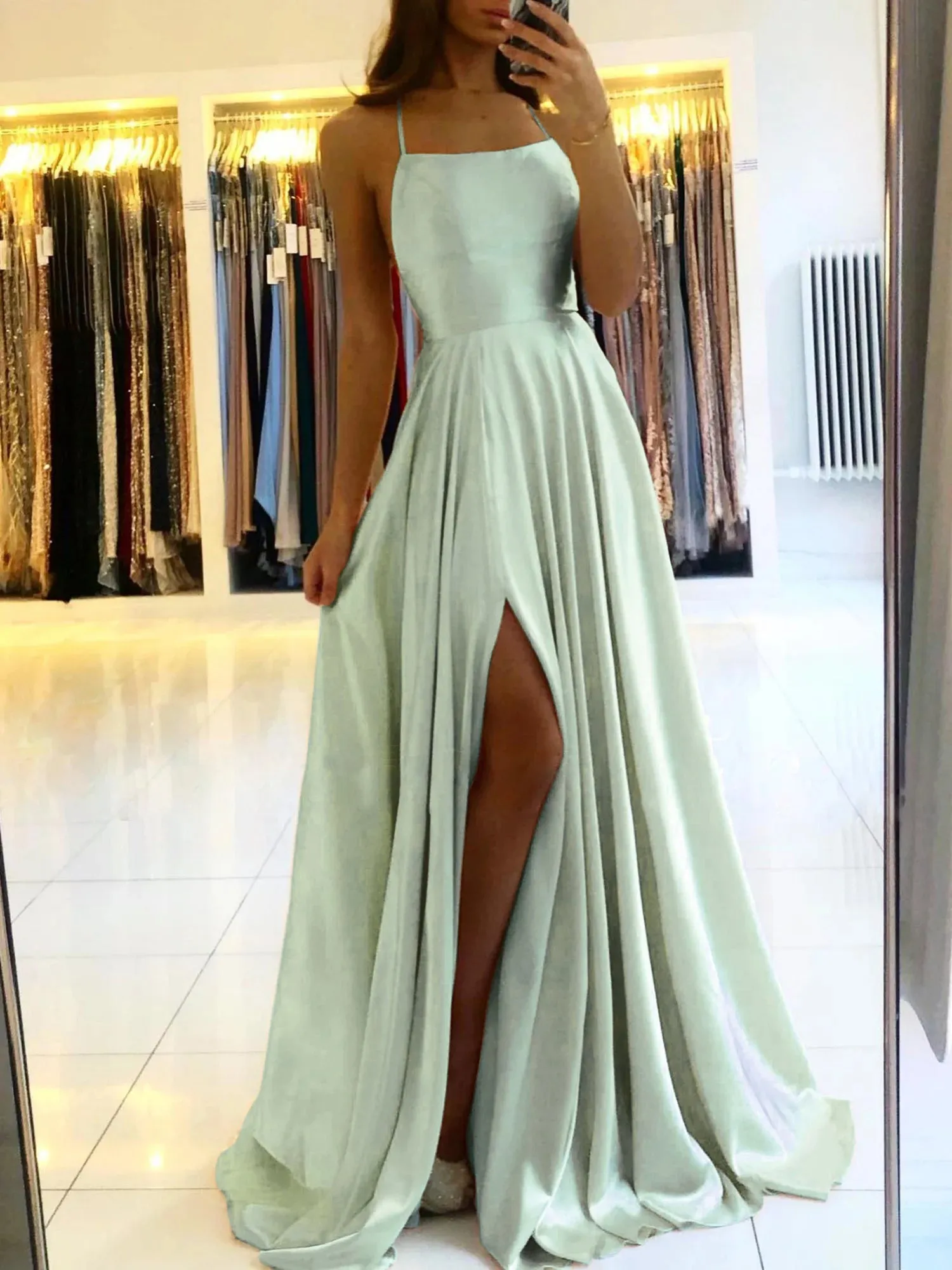 Uniwim Women Spaghetti Strap Satin Prom Dress Long Elegant Mint Green Backless Summer A-line Maxi Evening Party Gown Vestidos Gala