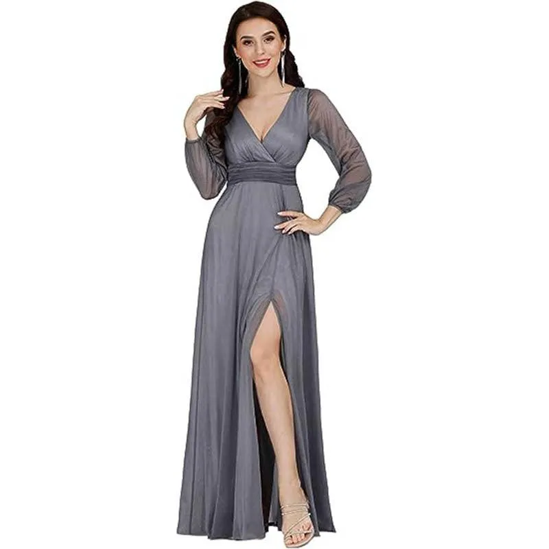 V-neck Long Sleeve Slit Hemline At Hem Solid Color Dress