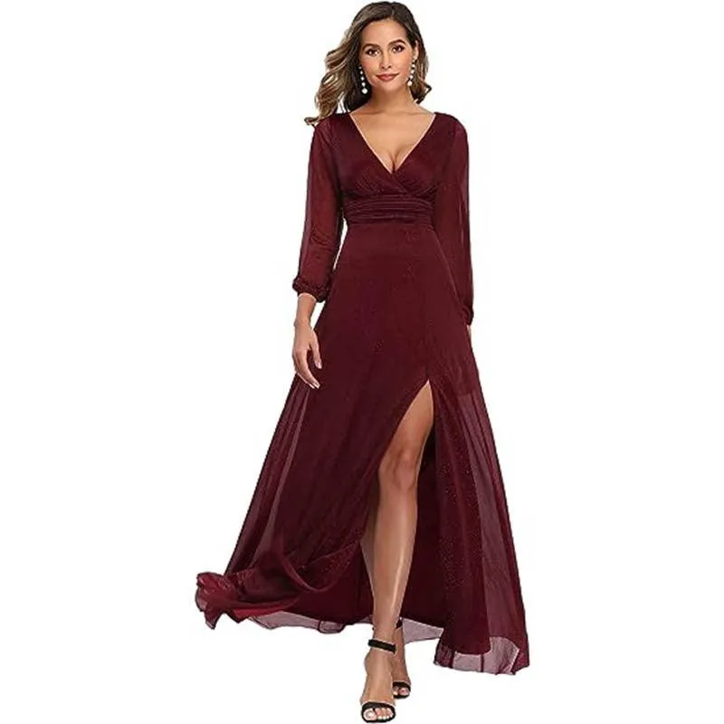 V-neck Long Sleeve Slit Hemline At Hem Solid Color Dress