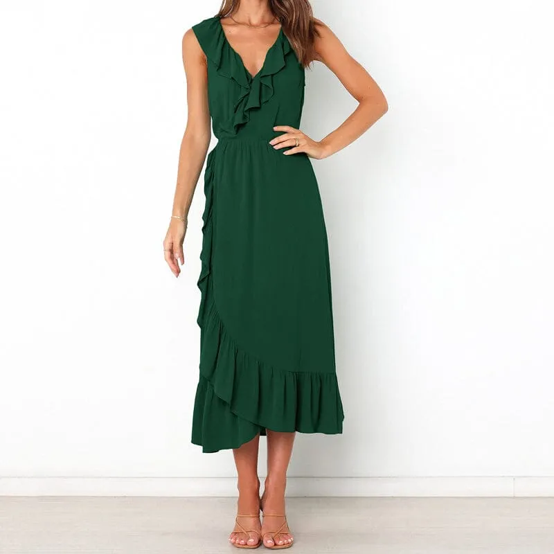 V Neck Ruffle Sleeveless Dress