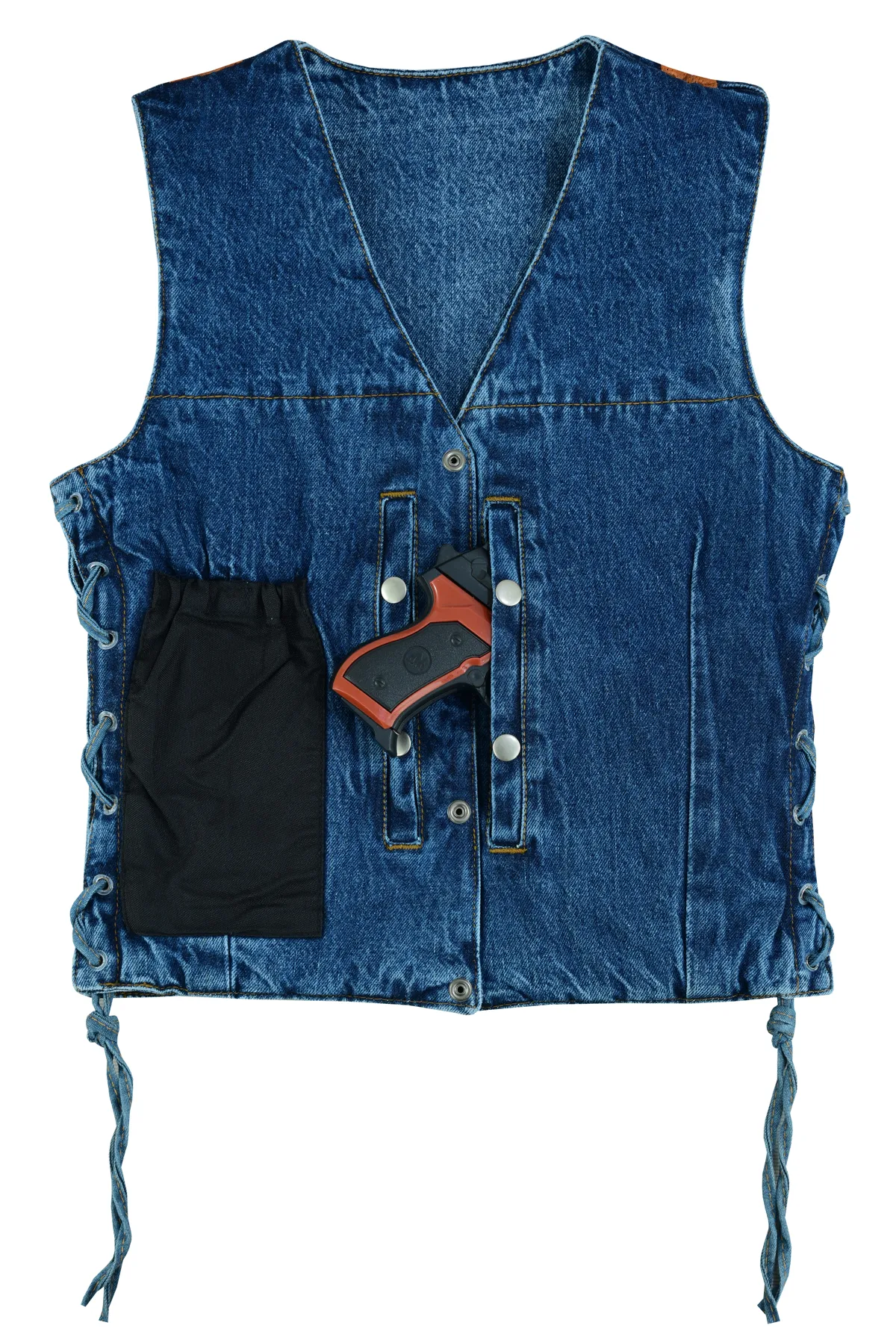 VB1045BL Women's Blue Denim V Neck Vest with Snap opening & side laces