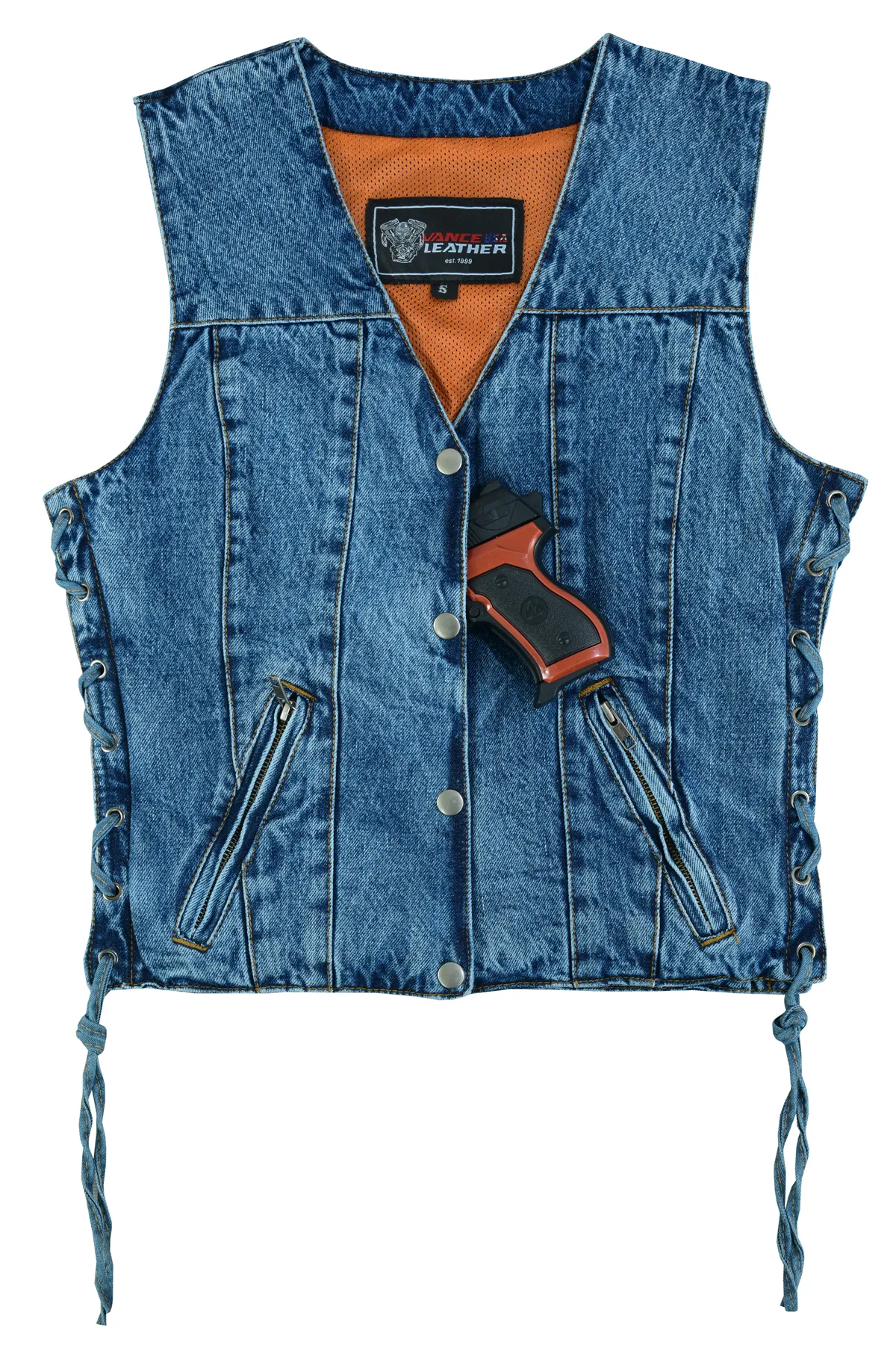 VB1045BL Women's Blue Denim V Neck Vest with Snap opening & side laces