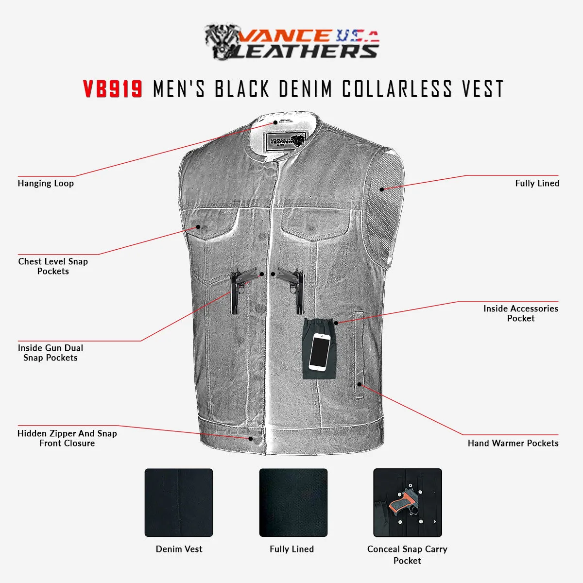 VB919BK Men's Black Denim Collarless Vest