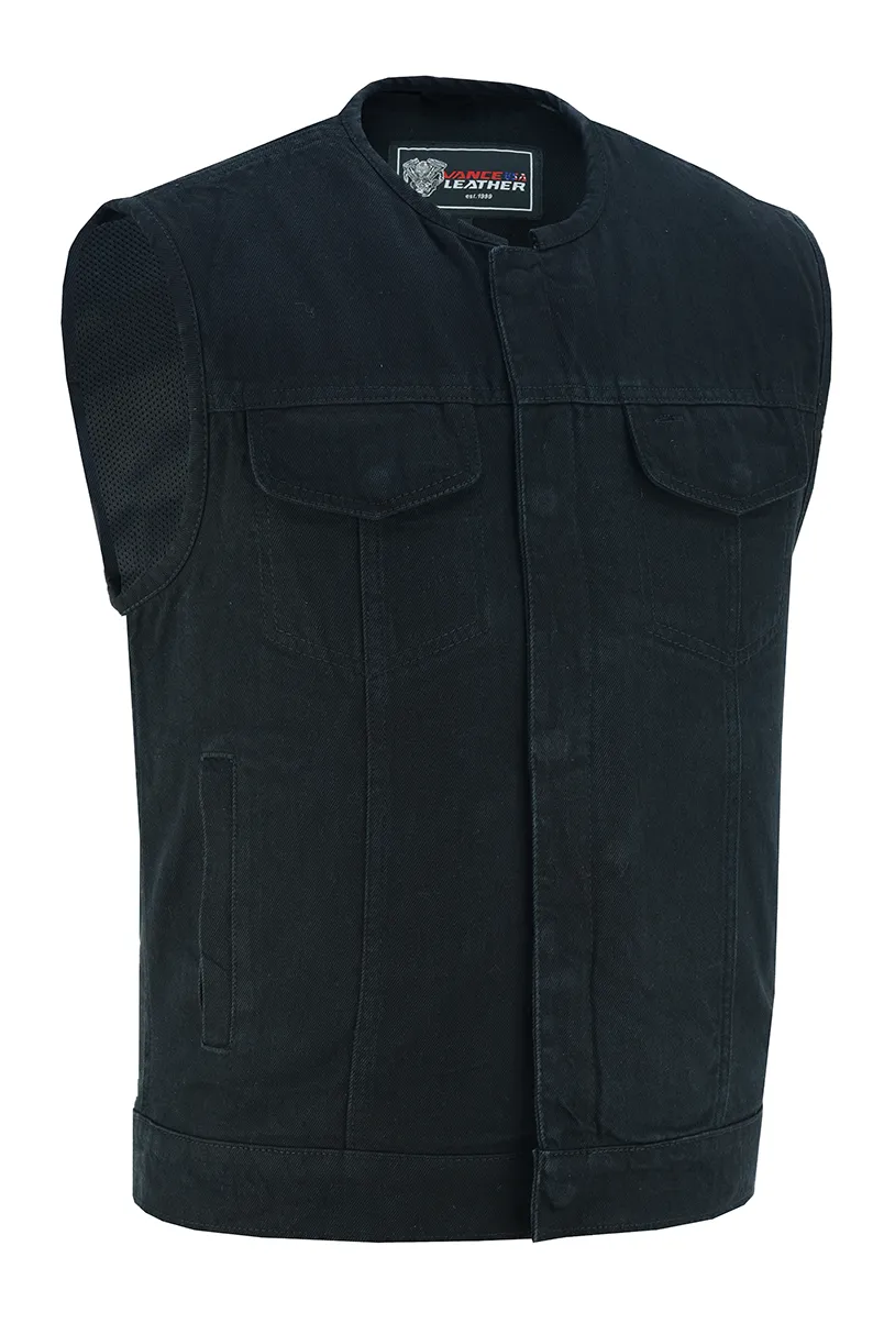 VB919BK Men's Black Denim Collarless Vest