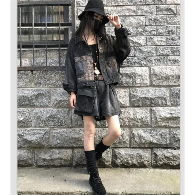 Vintage Black Leopard Women Denim Jacket Spring Harajuku Punk Jean Jackets Coat Boyfriend Loose Pocket Fashion Streetwear