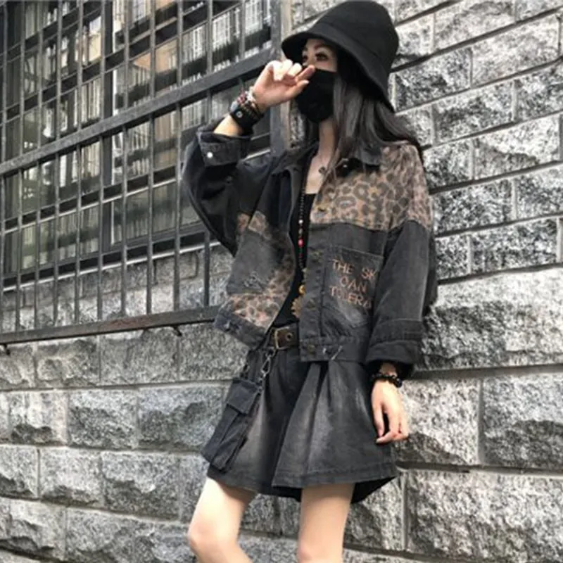 Vintage Black Leopard Women Denim Jacket Spring Harajuku Punk Jean Jackets Coat Boyfriend Loose Pocket Fashion Streetwear