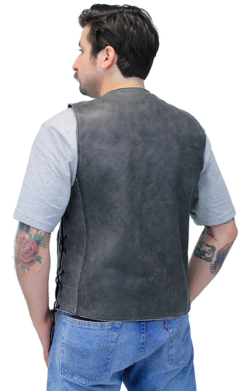 Vintage Gray Leather Side Lace 10 Pocket Vest #VMA964GLGY