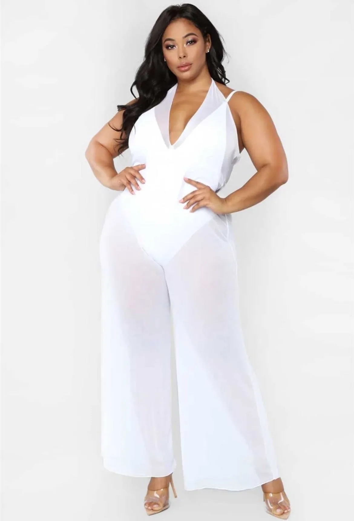 White V-Neck Sleeveless Wide Leg Sheer Jumpsuit Cover Up