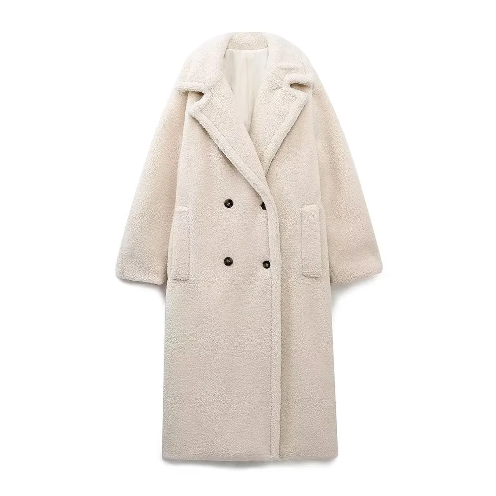 Women Double Breasted Casual Fleece Overcoat Jacket