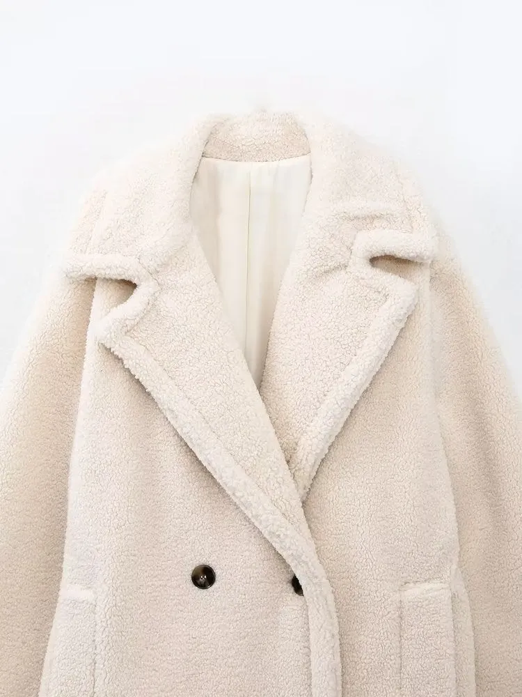 Women Double Breasted Casual Fleece Overcoat Jacket