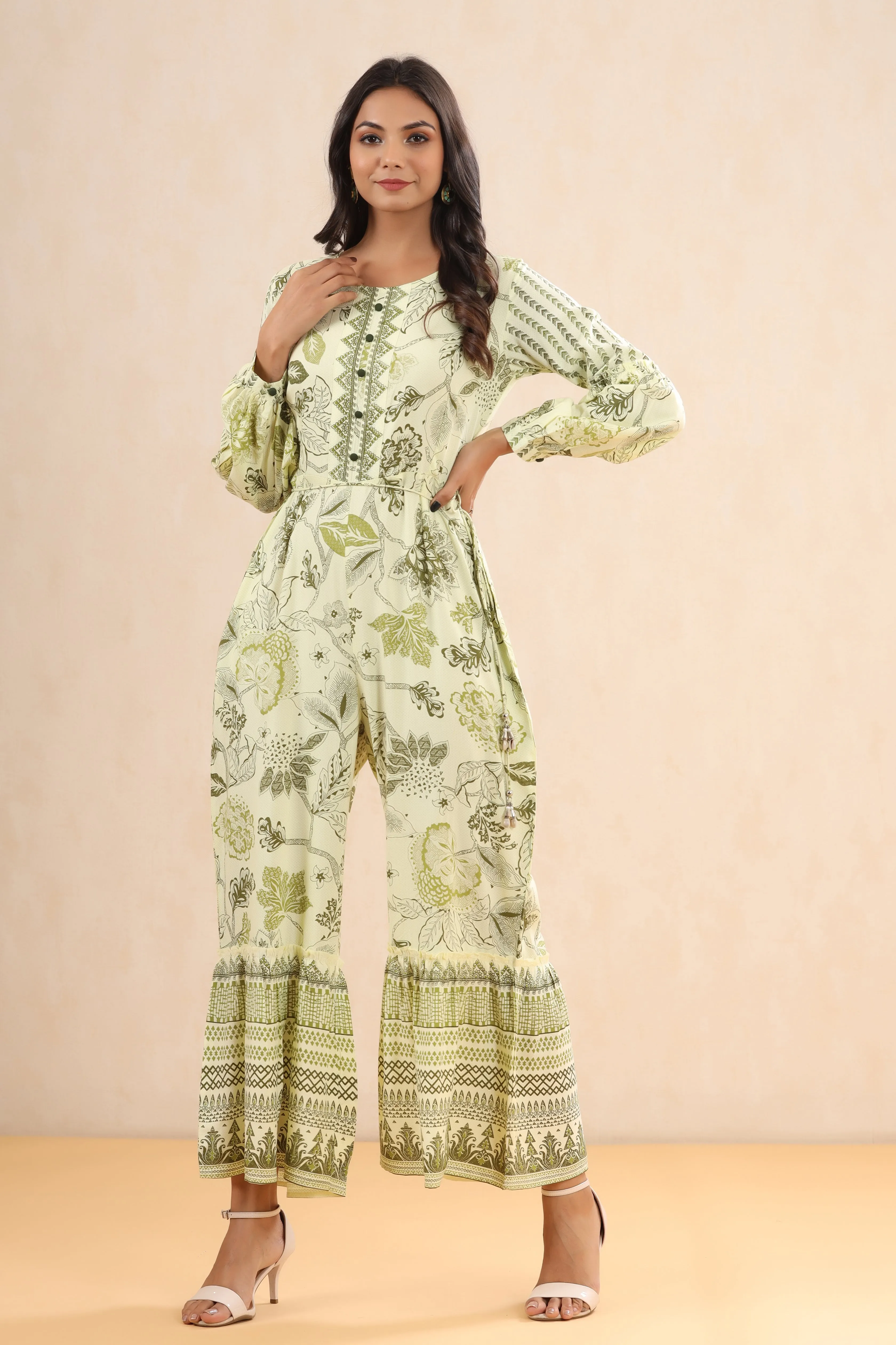 Women Light olive Rayon Printed Jumpsuit