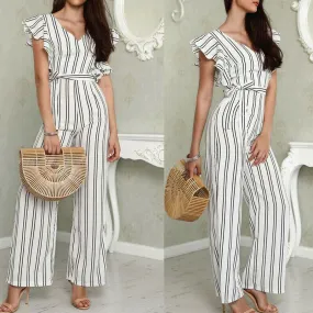 Women Sexy Casual Striped V Neck Loose Playsuit Jumpsuits Women Romper Party Ladies Sleeveless Long Pant Trouser Jumpsuit