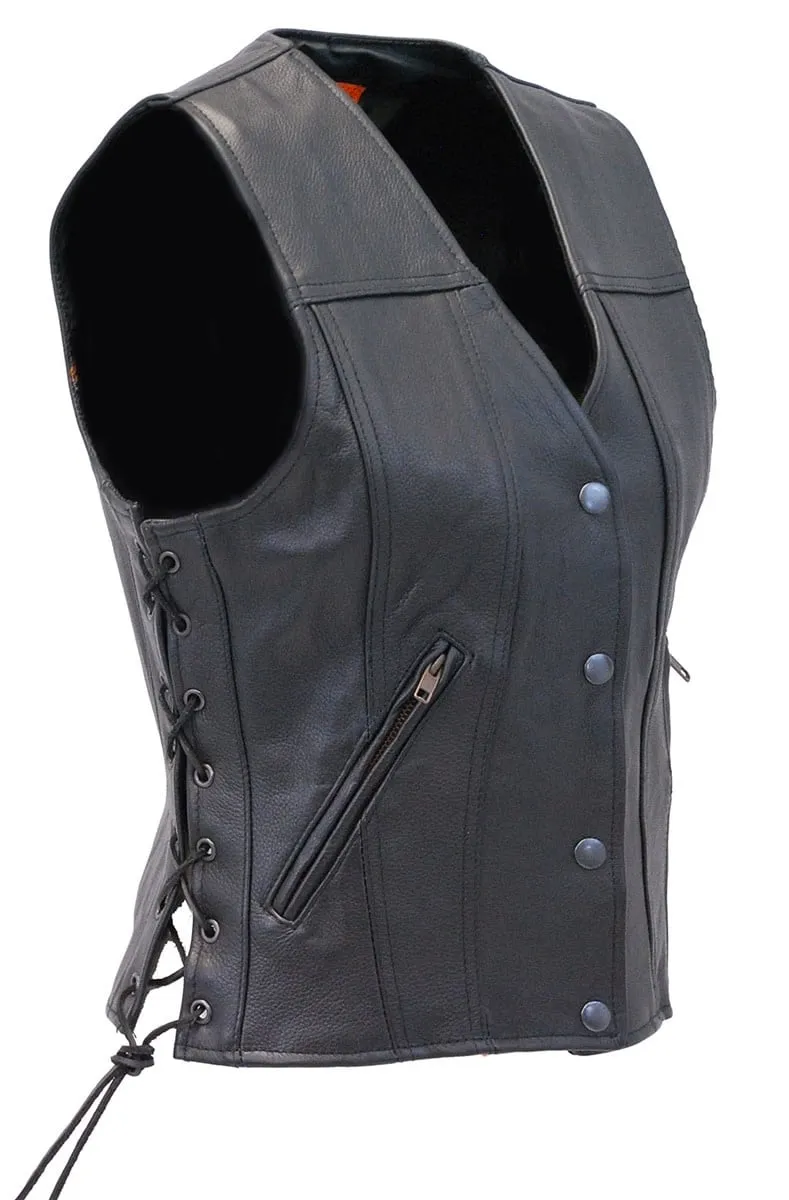 Women's Concealed Pockets Side Lace Ultra Premium Leather Vest #VL2050LK ()