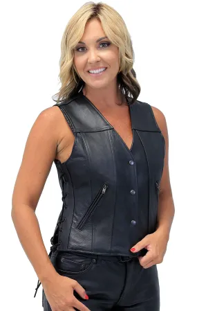 Women's Concealed Pockets Side Lace Ultra Premium Leather Vest #VL2050LK ()