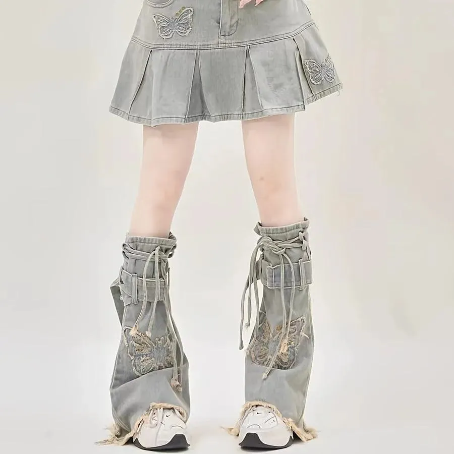 Y2K Style Butterfly Washed Denim Leg Warmers | Y2K Outfits