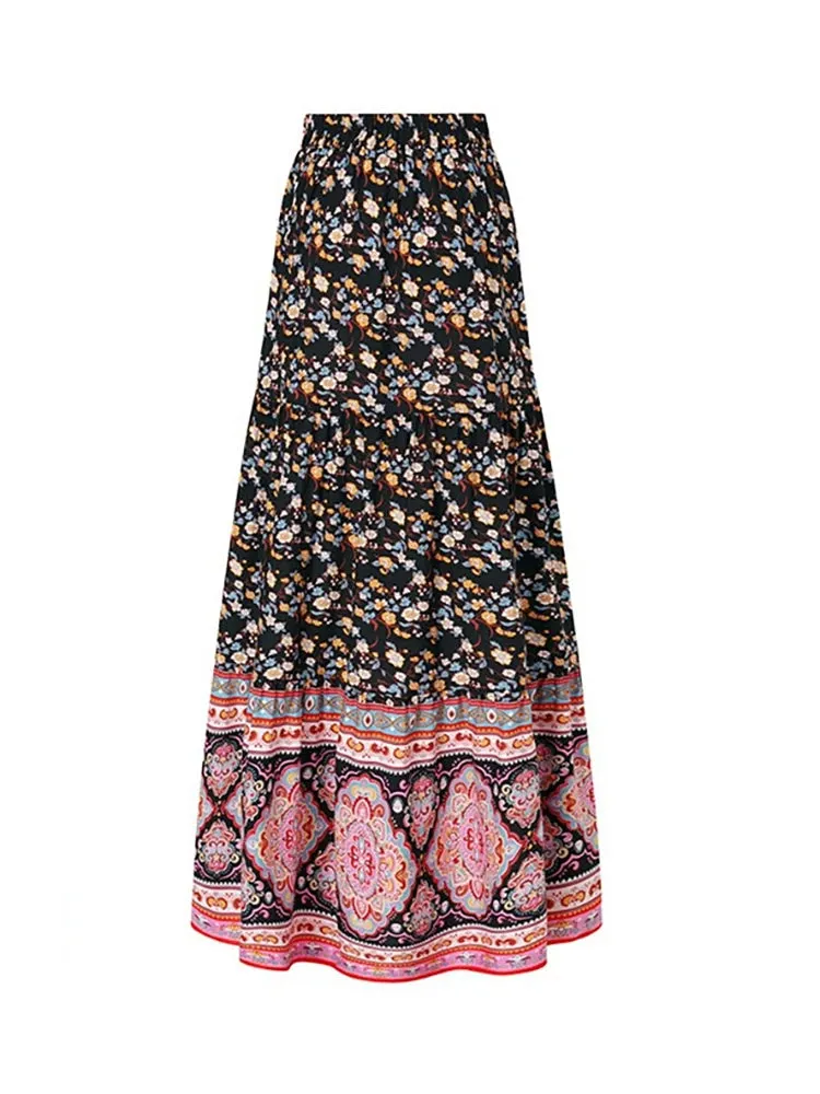 Yeknu  Vintage Print Long Skirt Women Floral Boho Dress Female Casual Loose Ruffled Hem Maxi Skirt Ladies High Waist Belt Skirt Summer