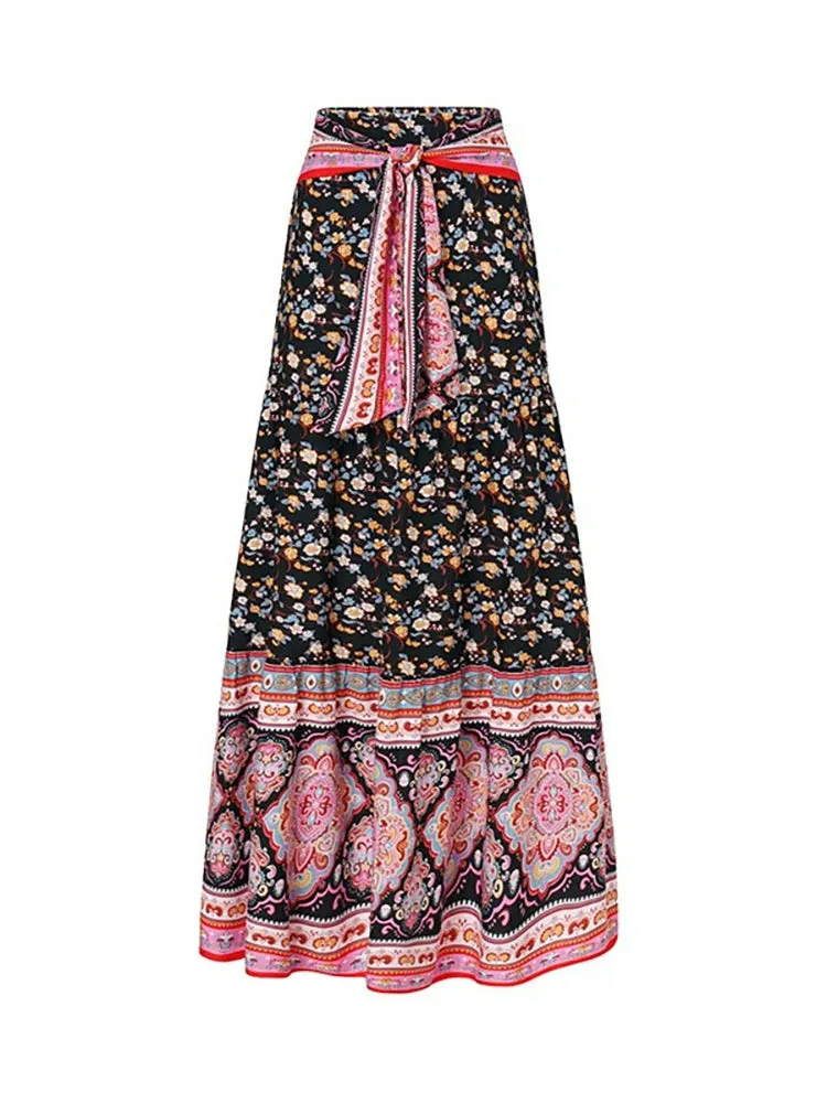 Yeknu  Vintage Print Long Skirt Women Floral Boho Dress Female Casual Loose Ruffled Hem Maxi Skirt Ladies High Waist Belt Skirt Summer