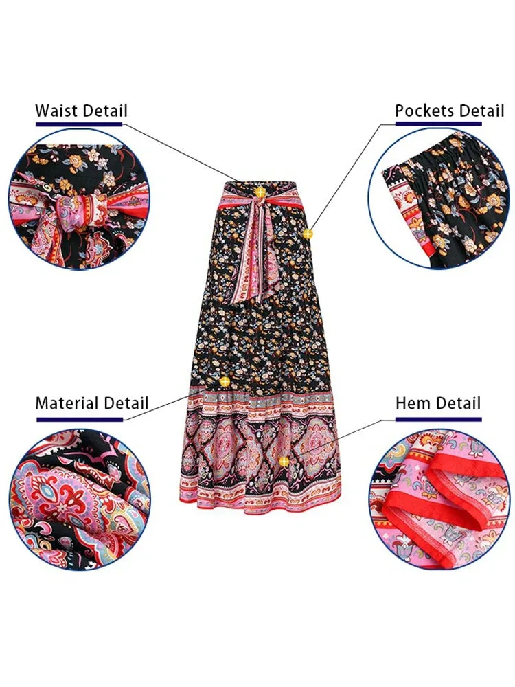 Yeknu  Vintage Print Long Skirt Women Floral Boho Dress Female Casual Loose Ruffled Hem Maxi Skirt Ladies High Waist Belt Skirt Summer