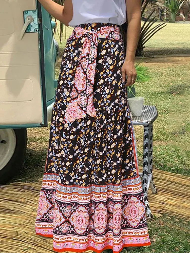 Yeknu  Vintage Print Long Skirt Women Floral Boho Dress Female Casual Loose Ruffled Hem Maxi Skirt Ladies High Waist Belt Skirt Summer