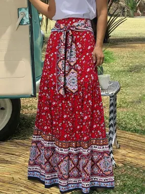 Yeknu  Vintage Print Long Skirt Women Floral Boho Dress Female Casual Loose Ruffled Hem Maxi Skirt Ladies High Waist Belt Skirt Summer