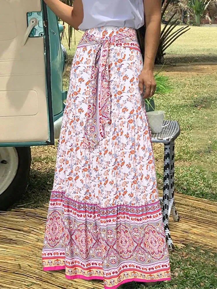 Yeknu  Vintage Print Long Skirt Women Floral Boho Dress Female Casual Loose Ruffled Hem Maxi Skirt Ladies High Waist Belt Skirt Summer