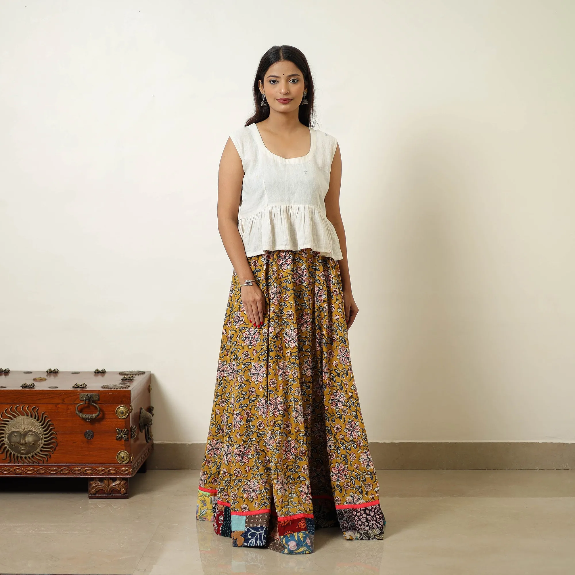 Yellow - Hand Block Printed Cotton Long Bagru Skirt 01