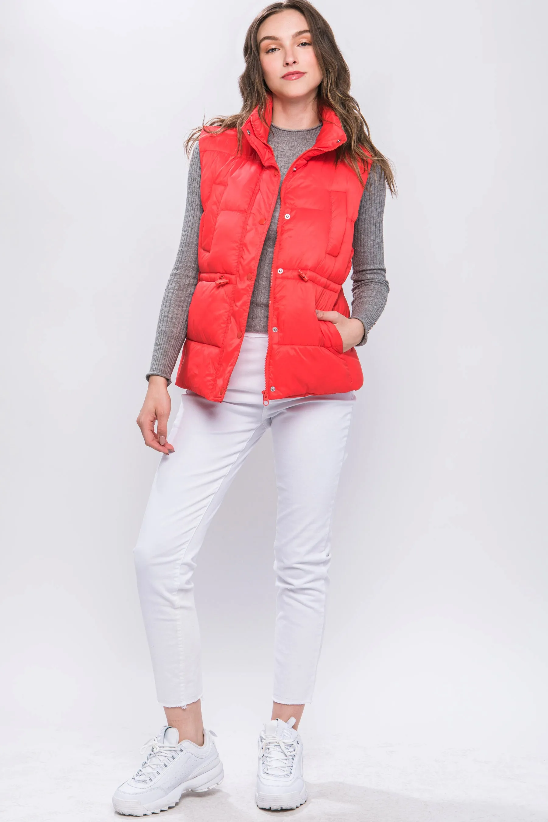 Zip Up Button Puffer Vest With Waist Toggles