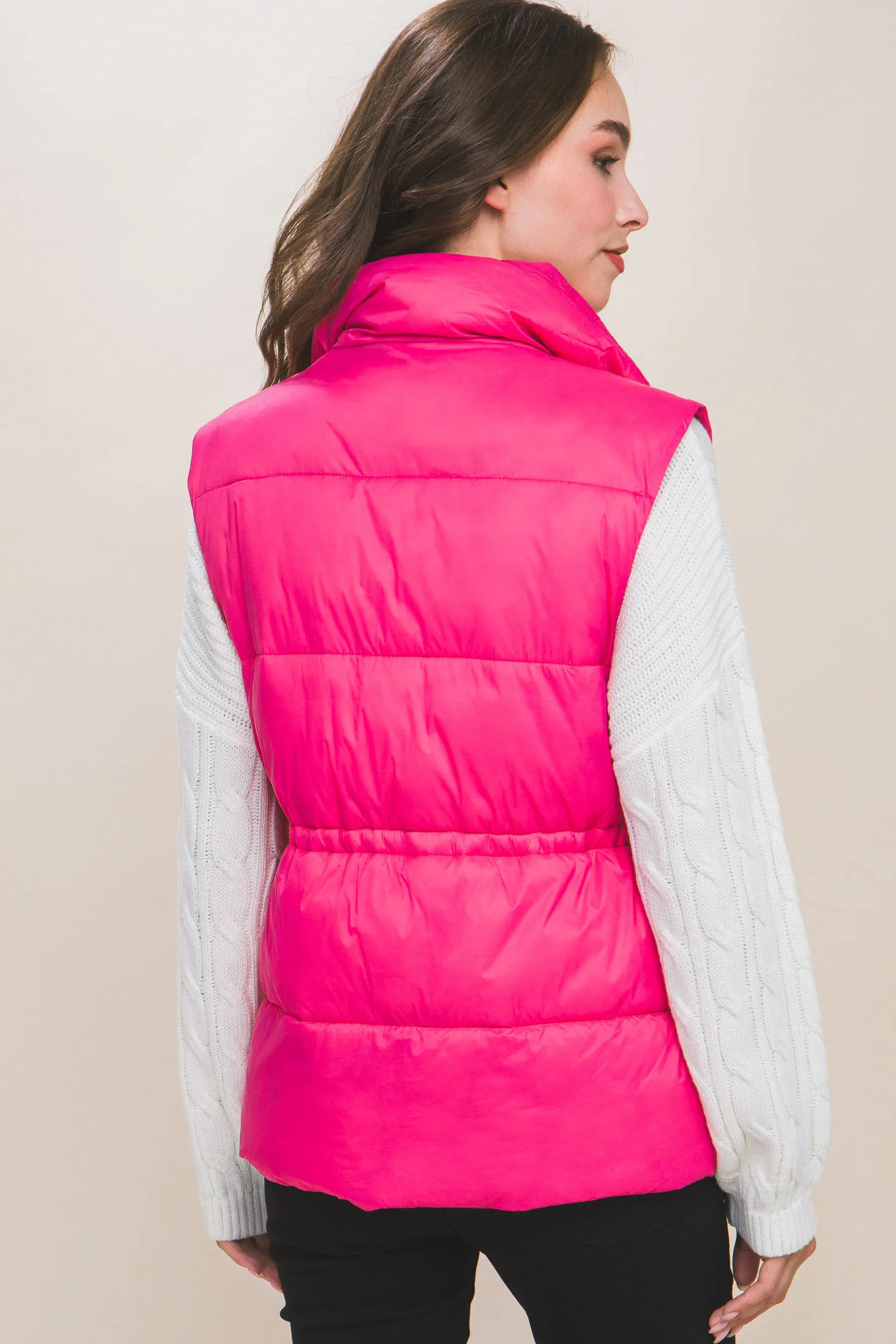 Zip Up Button Puffer Vest With Waist Toggles